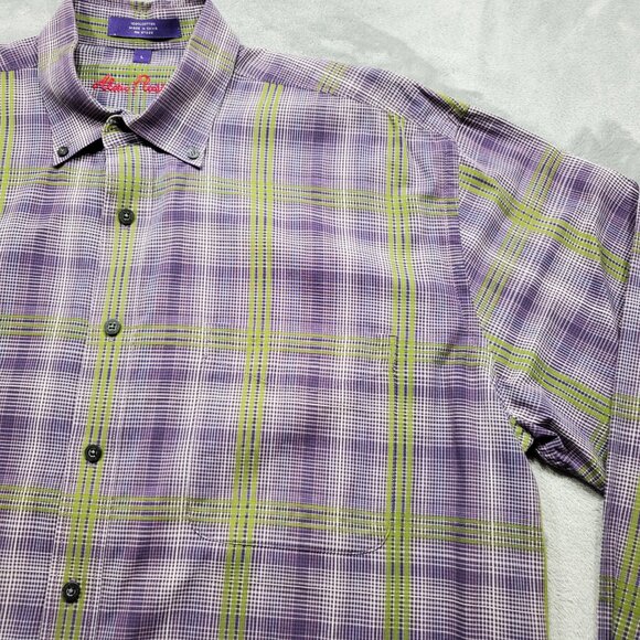 Alan Flusser Button Down Long Sleeve Plaid Shirt Purple White Brown Mn Sz L - Picture 4 of 9